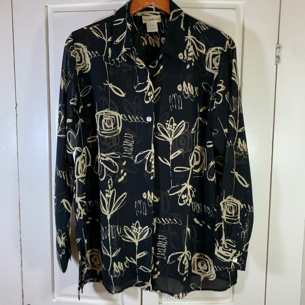 TravelSmith Womens Large Black Cream Abstract Floral Sheer Chiffon Button Blouse